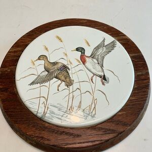vintage mallard duck trivet wall decor ceramic and solid oak By Hand Craft